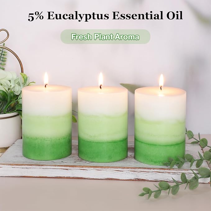 Pillar Candles 3x4 Inch Eucalyptus Scented Hand-Poured Layered Green Gradient Candle Long Lasting Clean Burn Candle for Home Scented Relaxation Spa Holiday Dinner Table Rustic Decor, 3 Pack