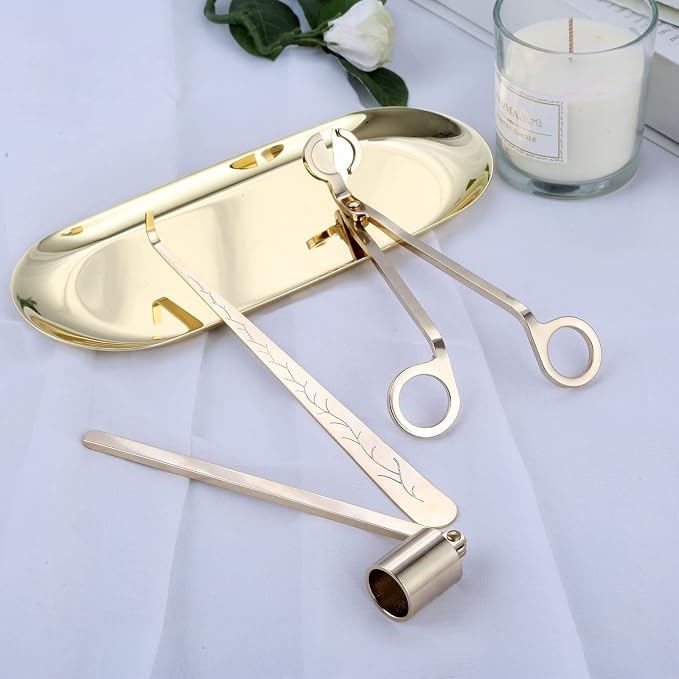 MUXSAM 4 in 1 Candle Accessory Set - Wick Trimmer, Dipper, Snuffer, Storage Tray Plate, Candle Care Tools Gift for Lovers of Home Decoration (Gold)