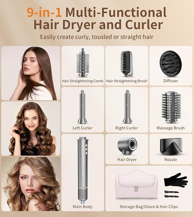 9 in 1 Hair Dryer Brush Kits,Professional 1200W Powerful Hot Air Styler Dryer with Case,110,000 RPM Auto Wrap Air Curler Travel Hair Crimper for Fast Drying/Straightening/Styling/Volumizing/Frizz-Free