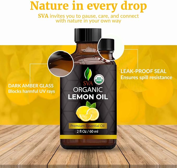 SVA Lemon Essential Oil Organic – 2 Fl Oz – 100% Natural Organic Lemon Oil - for Diffuser, Hair, Face, Skin Care, Aromatherapy, Scalp and Body Massage, Soap and Candle Making - with Dropper