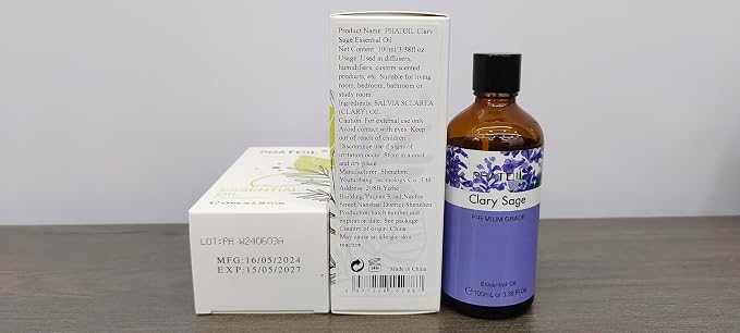 PHATOIL 3.38FL.OZ Clary Sage Essential Oil for Aromatherapy Diffusers with Glass Dropper, Humidifiers, Great for DIY Candle and Soap Making, Huge 100ML Bottle