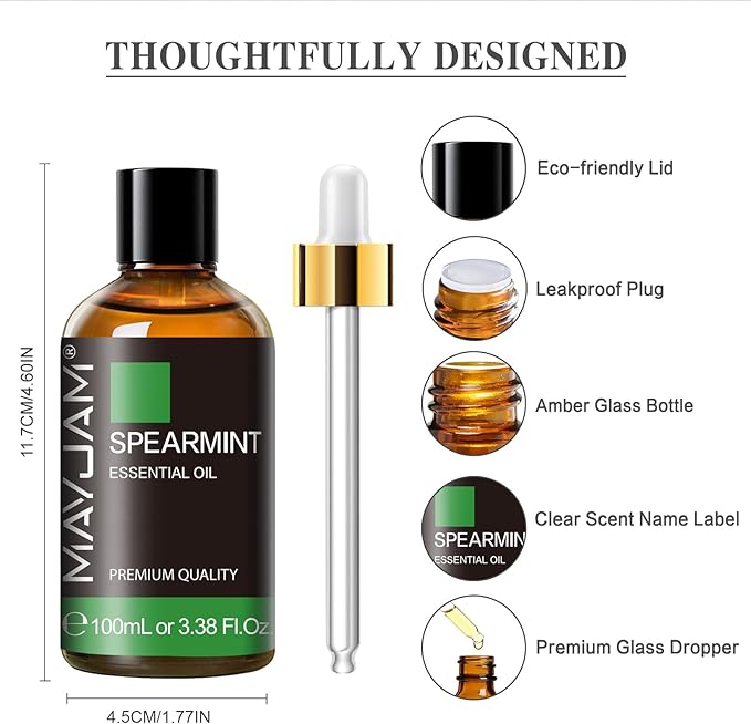 Spearmint Essential Oil, MAYJAM Pure Essential Oils for Diffusers, 3.38FL.OZ/100ML Large Volume Spearmint Oil for Facial Hair with Premium Glass Dropper