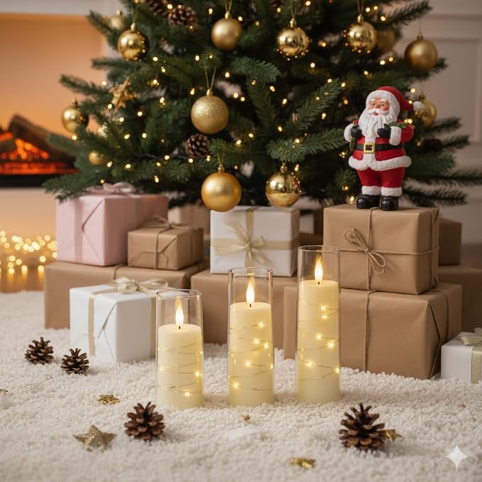 Raycare Flameless Candle with Remote Timer, 3 Flickering Acrylic Battery Operated LED Pillar Candles with Embedded Star String for Christmas, Wedding, Home Table Decor, and as a Gift (Ivory White)
