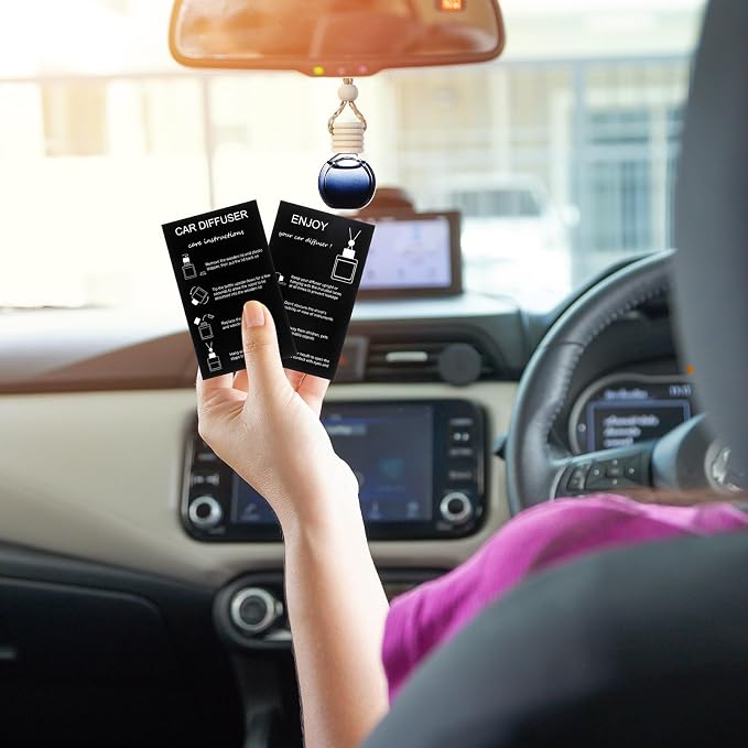 Boao 50 Sets Hanging Car Air Freshener Diffuser Bottles with 2 x 3.54 Inch Car Diffuser Instructions Cards for Empty Essential Oil Bottles(Black Card,Black Round)
