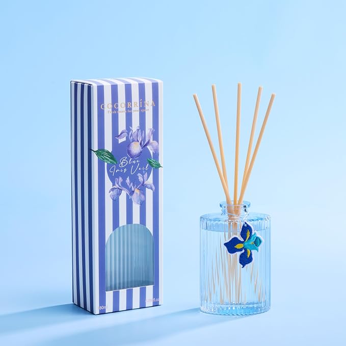 COCORRÍNA Reed Diffuser, Blue Iris Scent Flower Diffuser, 6.09 fl oz, 8 Reeds, Long-Lasting Home Fragrance, Bathroom Bedroom Shelf Decor & Gifts