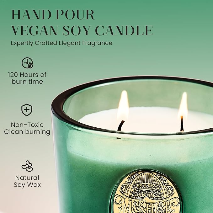 M&SENSE Large Two-Wick Soy Holiday Candle | Evergreen Pine & Emerald Green | 19.8 oz, 120H Burn Time | Luxury Scented Candle for Relaxation, Gifting, Home Décor | Ideal for Bedroom, Party