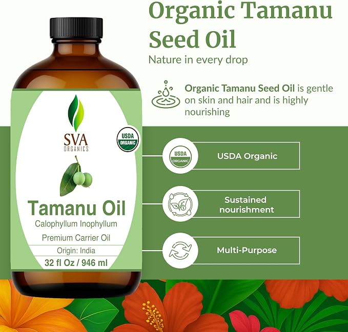 SVA Tamanu Seed Oil Organic - 32 Fl Oz – 100% Natural Cold Pressed Tamanu Oil - for Face, Skin Care, Hair Care, Scalp Massage & Body Massage – Carrier Oil
