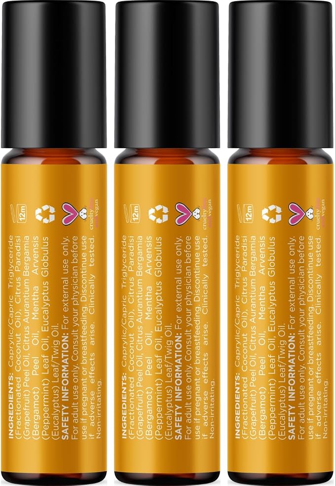 Focus Essential Oil Roll On - Aromatherapy Essential Oil Roller with Invigorating Pure Citrus and Mint Oils - Attention and Focus Essential Oil Blend with Eucalyptus Peppermint & Grapefruit (3 Pack)