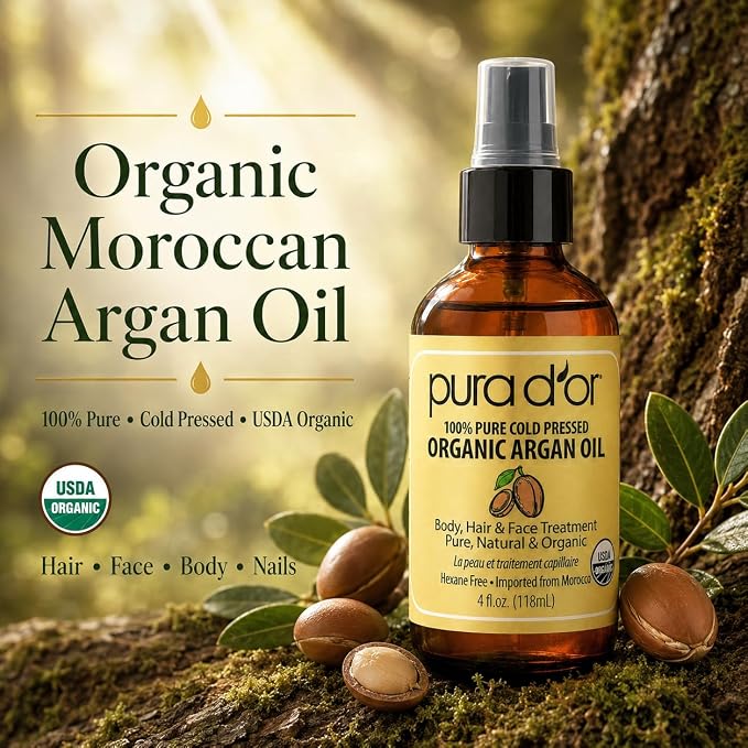 PURA D'OR USDA Organic Moroccan Argan Oil–100% Pure Cold-Pressed Virgin Grade–Treatment for Hair, Skin, Face, Body– Helps Dry Skin, Scalp Care, Split Ends, Nails & Cuticles 4 Oz - Hair Regrowth Tonic