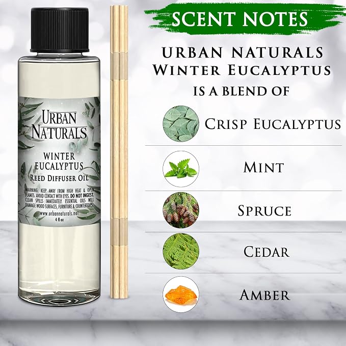 Urban Naturals Reed Diffuser Oil Refill Winter Eucalyptus, Crisp Eucalyptus, Mint, Spruce, Cedar, Essential Oils, 4 oz + Free Reed Sticks, Made in the USA