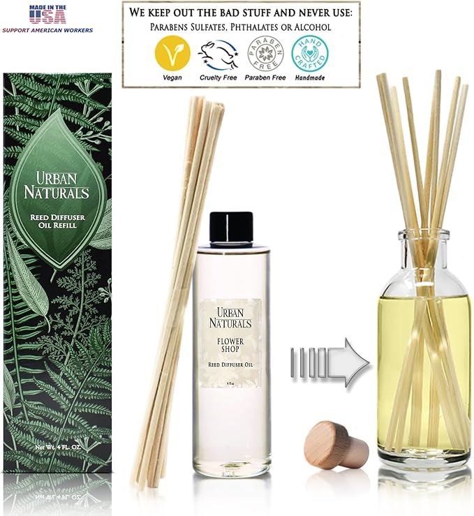 Urban Naturals Reed Diffuser Oil Refill Flower Shop, Violets, Daisies, Hyacinth, Rose Petals, 4 oz + Free Reed Sticks, Made in the USA
