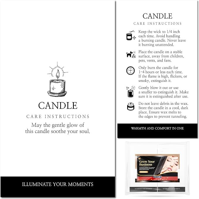 200 pack - Premium Handmade Candle Care Instruction Cards White Black 2x3.5 in, Small Business | Soy Bees Wax Melt, Candle Makers, Making Supplies Kit Set, Containers, Jars, Package