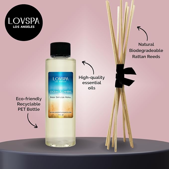 Ocean Flowers Reed Diffuser Oil Refill, 4 oz, Room Scent, Spa Aroma | Verbena, juniper, and lily profile, includes replacement reeds, bathroom decor, beach house, entryway, powder room