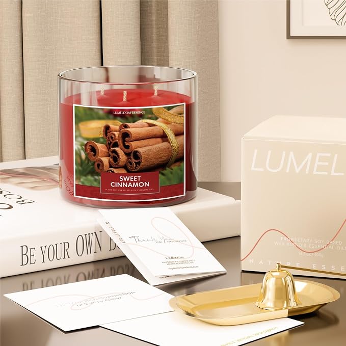 LUMELOOM Cinnamon Candles, 14.5oz, Large 3-Wick Soy Wax Candles for Home Scented, Sweet Cinnamon, Apple, Clove Scent, Holiday Gifts for Women, Men, Friend, Teacher, Long Burning Time