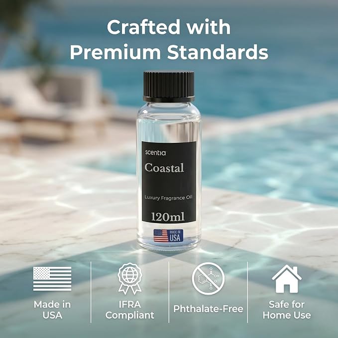 Scentia Coastal (Cabana) Diffuser Oil Refill – Hotel Fragrance Oil Inspired by 5-Star Spa – 120 mL – Jasmine, Bergamot & Sea Breeze Long-Lasting Scent for Ultrasonic & Waterless Diffusers, Made in USA