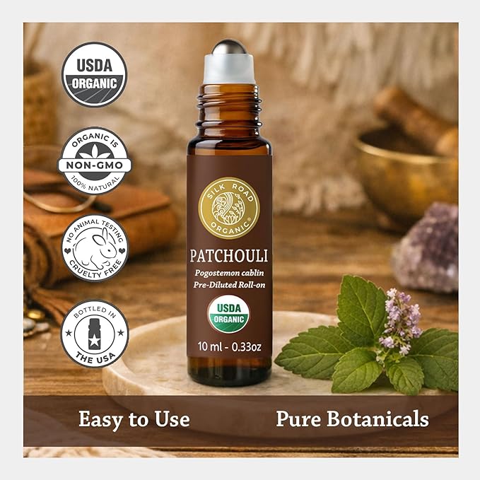 Silk Road Organic Patchouli Essential Oil Roll On, USDA Certified - Uplift Mood, Enhance Attraction, Ease Stress & Relax - 10 ml Aromatherapy Roller