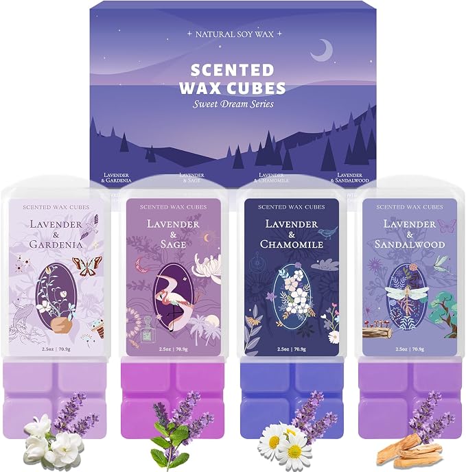 SCENTORINI Wax Melts, Wax Cubes Strong Scent, Lavender Scented for Sleep, Summer Scents Wax Melts for Warmer, 2.5 oz 4-Pack - Lavender & Gardenia, Sage, Chamomile, Sandalwood