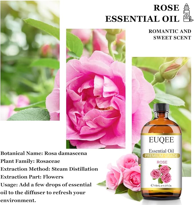 EUQEE Rose Essential Oil 118mL Large Capacity Rose Oil Premium Essential Oil with Glass Dropper for Diffuser, Soap & Candle Making, Aromatherapy - 4Fl. Oz