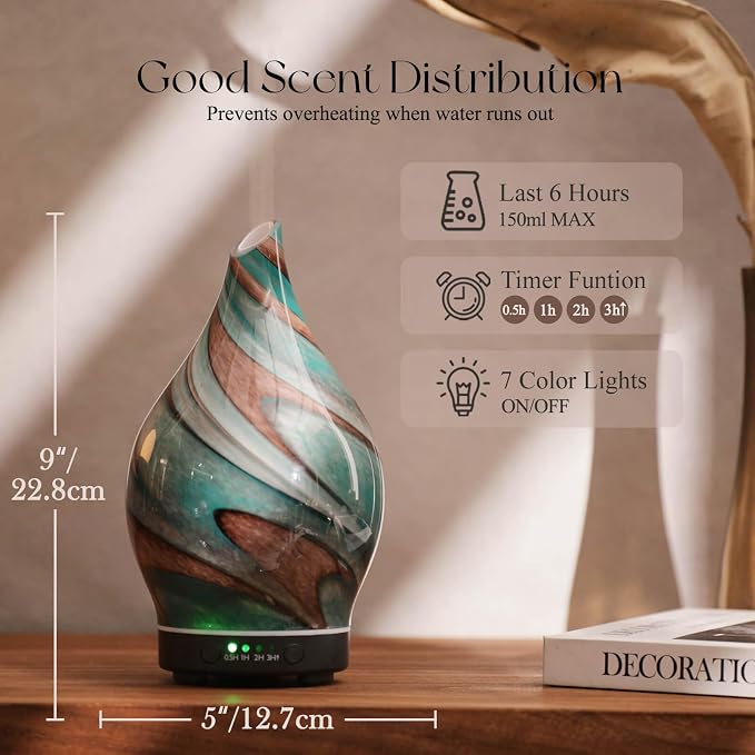 Porseme 150ml Essential Oil Diffuser Glass Color Changing Aroma Air Diffusers Aromatherapy Ultrasonic Cool Mist Humidifier 6 Running Hours Waterless Auto-Off for Sleeping Yoga Office Spa (Teal Green)