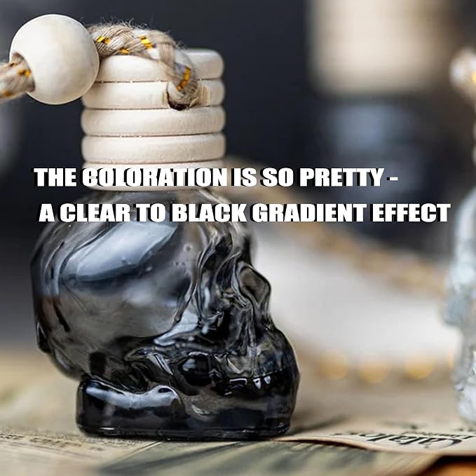 7 Pcs 8ml Hanging Car Air Freshener Diffuser,Empty Black Gradient Glass Essential Diffuser Oil Aromatherapy Fragrance Perfume Pendant Glass Vials with Wooden Caps (Skull, 8ml)