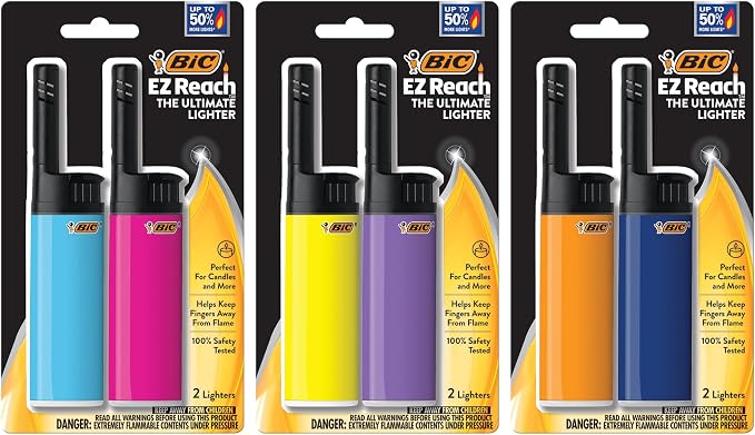 BIC EZ Reach Candle Lighter, The Ultimate Lighter with Wand for Candles, Assorted Colors, 6 Count Pack of Long Lighters for Candles