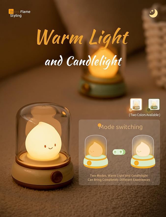 WANIDEA Cute Chibi Flame Lamp, Anime Cozy Lights, Retro Rechargeable Night Light, Decor, Cute Desk Accessories, Gifts 2 Pack (Yellow and Green)