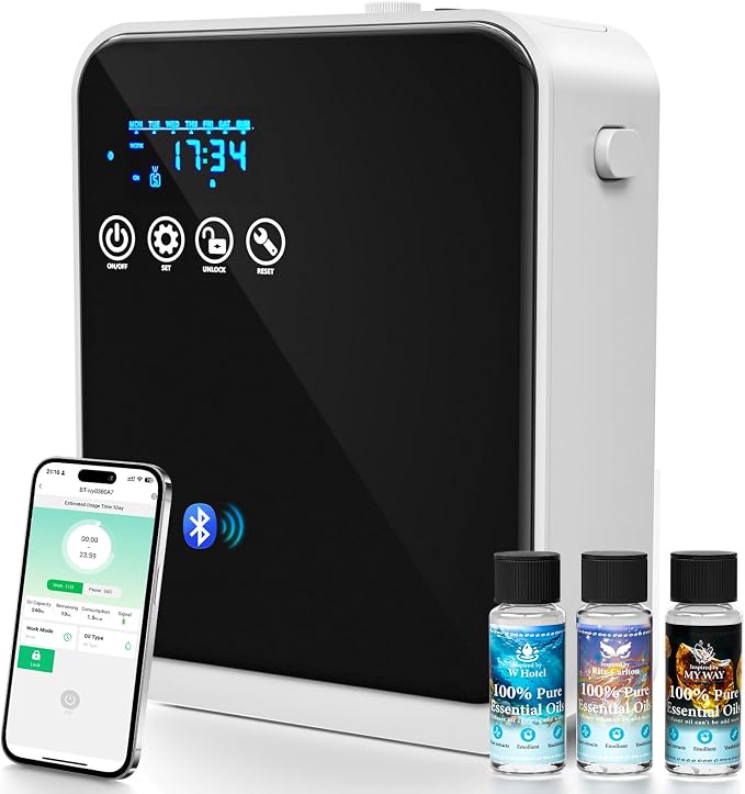 Waterless Essential Oil Diffuser,Whole House Oil Air Diffusers for Home,Hotel,Aromatherapy Scent Diffuser with APP Control & Touch Screen,1500 sq.ft Coverage,Adjustable Level & Auto Timer,Quiet,Black