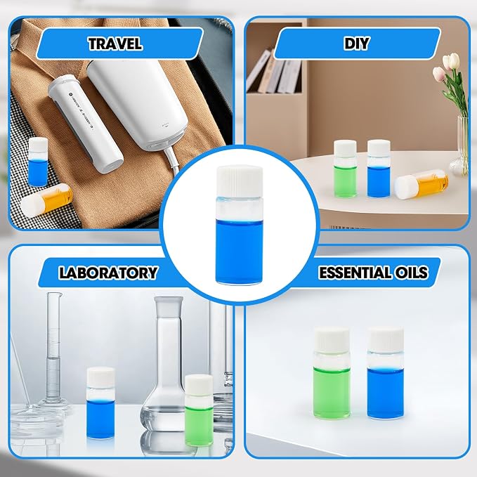 10ml Clear Glass Vials with Screw Caps and Plastic Stoppers, Small Liquid Sample Vial, Leak-Proof Vial, 50PCS(White Cap)