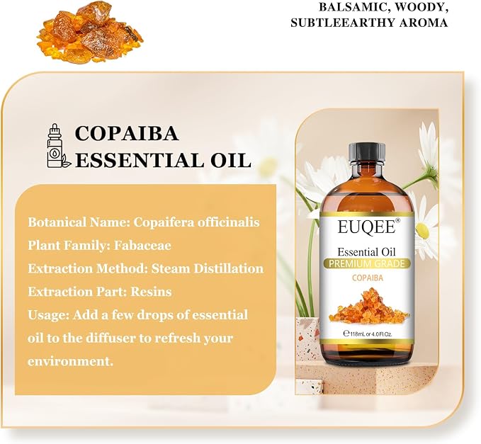 EUQEE Copaiba Essential Oil 118 ml Pure Copaiba Oil Essential Oil with Dropper for Diffusers, DIY Soap, Candle Making, Aromatherapy (4fl oz)