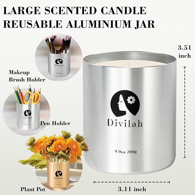 English Pear&Freesia Scented Candles, 65 Hour Long Lasting Non Toxic Natural Soy Wax in Silver Aluminum Jar, Luxury Large Home Decorative Scented Candle, Aromatherapy Gift for Women, Men,9.9oz