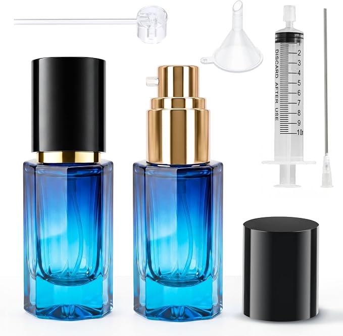 1oz Travel Pump Bottle, 30ml Gradient Glass Liquid Dispensing Bottle with 3 Transfer Tools, Leak-Proof Small Refillable Makeup Containers for Toiletries, Lotion, Essential Oils (Black-Blue Gradient)
