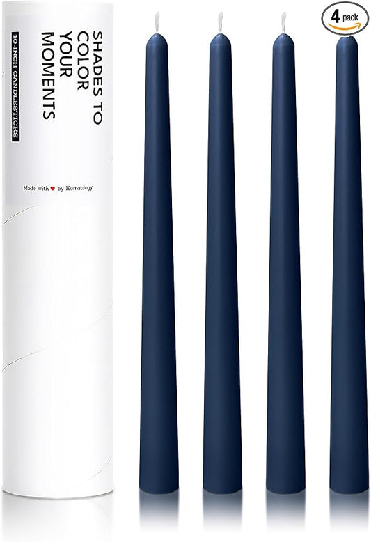 10" Classic Taper Candles, Navy Blue, 4-Pack, 7-8 Hours Long Burning, Unscented Tall Candlesticks