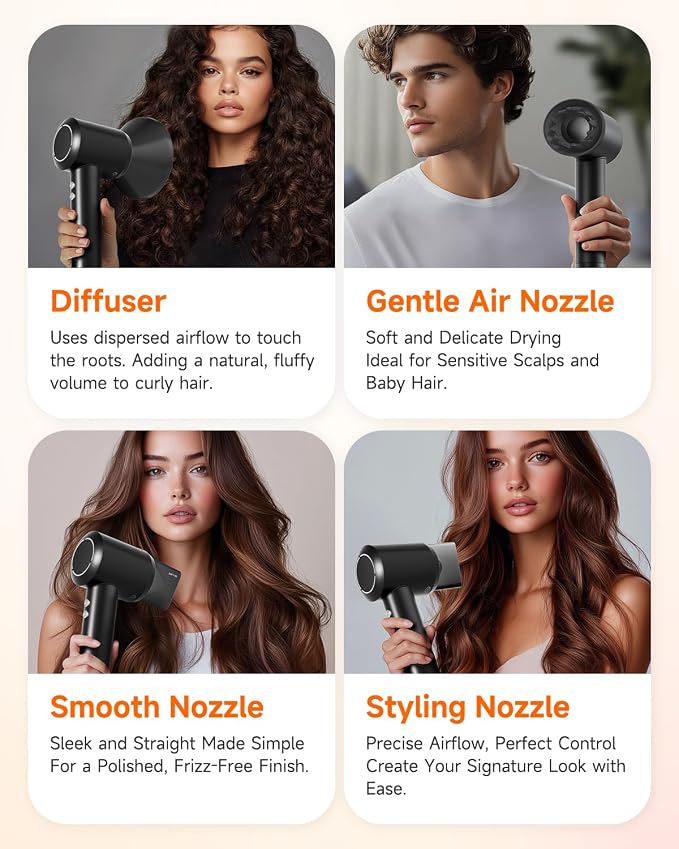 Professional Hair Dryer with Diffuser for Curly Hair, 400M Negative Ionic Blow Dryer for Fast Drying, 120,000 RPM High-Speed Brushless Motor Low Noise Lightweight, Travel-Friendly (Black)