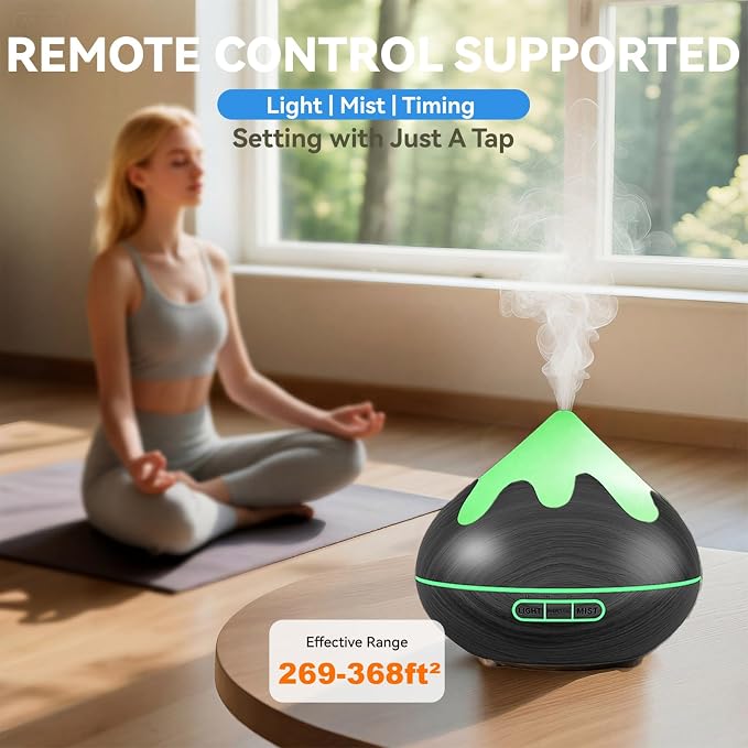 500ML Essential Oil Diffuser, Aromatherapy Diffuser with Remote Control, Multifunctional Air Diffusers for Home Office Room, Fragrance Aroma Diffuser with 7 Color LED & 2 Mist Mode, Black