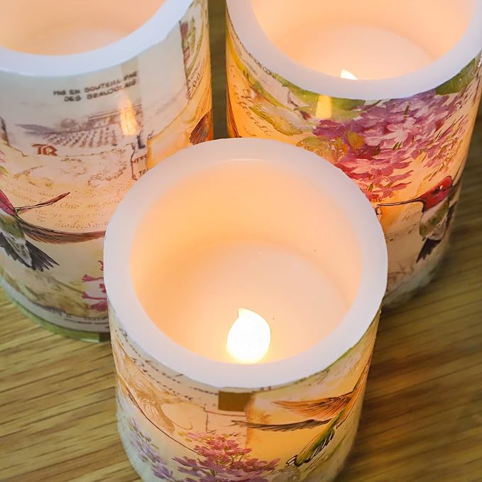 Flameless Candles Pink Hummingbird Floral Battery Operated Remote Timer Flickering LED Real Wax Pillar Candle Warm Light Spring Summer Decor for Home Fireplace Christmas Holiday Gifts