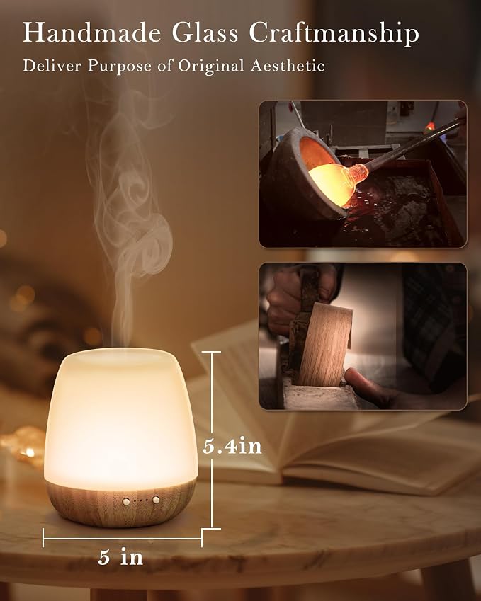 Essential Oil Diffuser - 2.4MHz Ultrasonic Glass & Bamboo Diffuser with Pulse/Continuous Mist & Night Light, Waterless Auto-Off, Silent Aroma Diffuser for Home, Office, Yoga, Spa, Gifts & Home Decor.