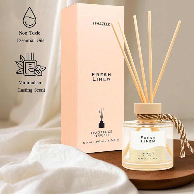 Linen Reed Diffuser, 6.77OZ/200ML Large Capacity Natural Non-Toxic Oil, Long-Lasting Fragrance Reed Diffusers Set for Home and Bathroom, Aroma with 5 Reed Diffuser Sticks