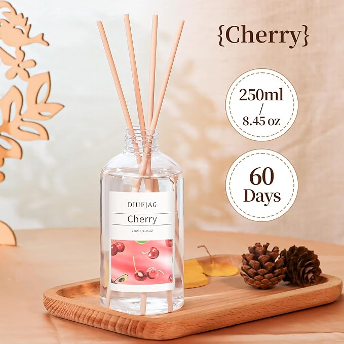 Cherry Diffuser with 10 Fiber Sticks, 6.7 oz Diffusers for Home Essentials Bathroom,Last up to 60 Days（200ml