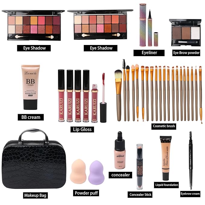 MTDXILTAI All in One Makeup Kit for Makeup storage bag 2X14 Colors Eyeshadow Palette Liquid Foundation Eyeliner Pencils Contouring Stick Lip Gloss 20Pcs Make up Brushes For Women Girls Teens (Black)