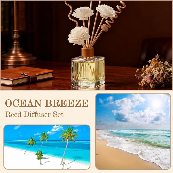 Ocean Breeze Reed Diffuser - 6.7 oz Glass Bottle with 4 Rattan Sticks, 3 Dried Flowers | Adjustable, Long-Lasting Scent for Home, Bedroom, Living Room, Office, Bathroom | Aromatherapy Gift