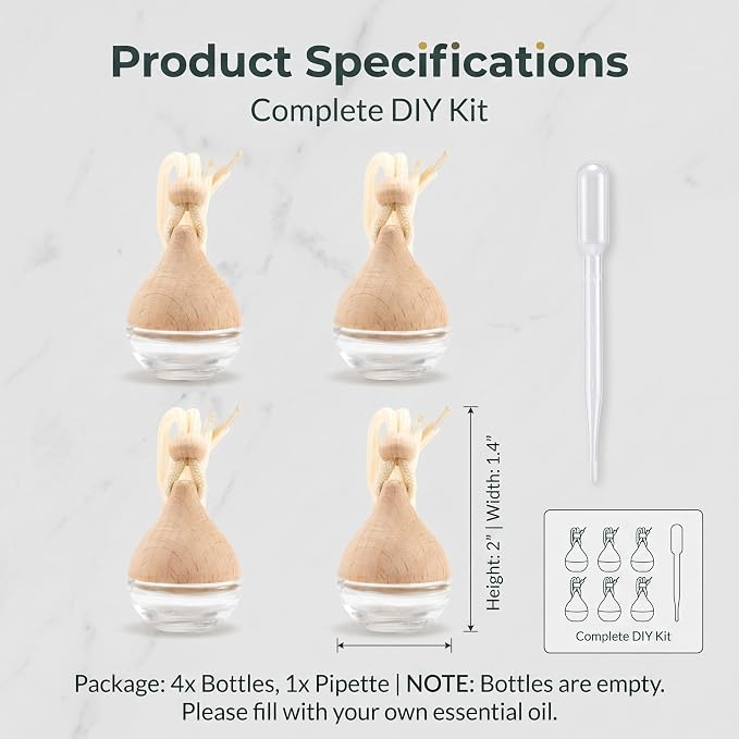 4PCS Refillable Hanging Car Diffuser Empty Glass Bottle Set | Glass vials with wood lids & hanging rope, custom essential oil pendant for car home office
