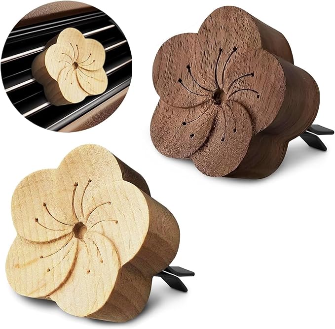 2 Pcs Car Essential Oil Diffuser Vent Clip – Reusable Oil-Absorbing Wooden Flower for Custom Scent, Essential Oil Diffuser for Car with Magnetic Hold – Vintage Air Freshener for Refreshing Your Space