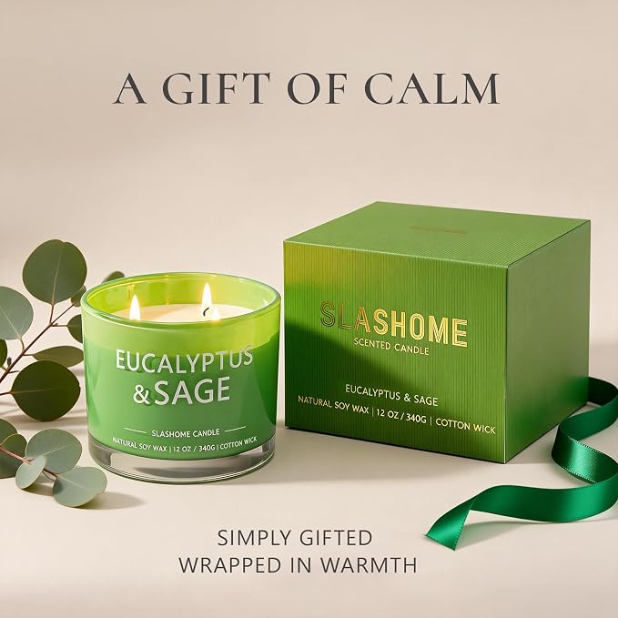 Sage & Eucalyptus Scented Candle, Luxury Large 3 Wick Soy Candle 12 Oz, 60+ Hour Long Lasting Clean Burn, Elegant Aromatherapy Home Decor, Housewarming & Birthday Gift for Men & Women