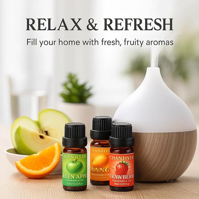 Fruity Essential Oils Set-6x10ml-Green Apple,Watermelon,Strawberry,Pineapple,Blood Orange,Mango,Sweet Aromatherapy Oils for Diffuser,Humidifier,Candle&Soap Making