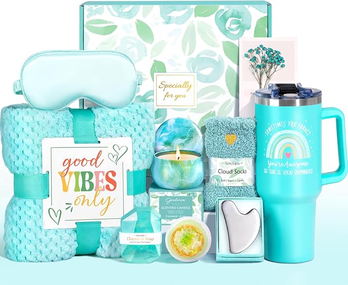 Suhctuptx Birthday Gifts for Women, Unique Self Care Gifts Get Well Soon Basket, Christmas Relaxing Spa Gift Care Package w/Flannel Blanket 40 oz Tumbler, for Mom Her Sister Friend