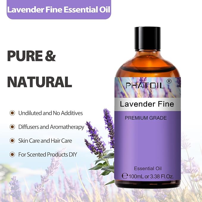 PHATOIL Lavender fine Essential Oil, Pure Premium Natural Oil for Hair Care, Body Skin Care, Aromatherapy, DIY Candle, Soap Making 3.38Fl Oz
