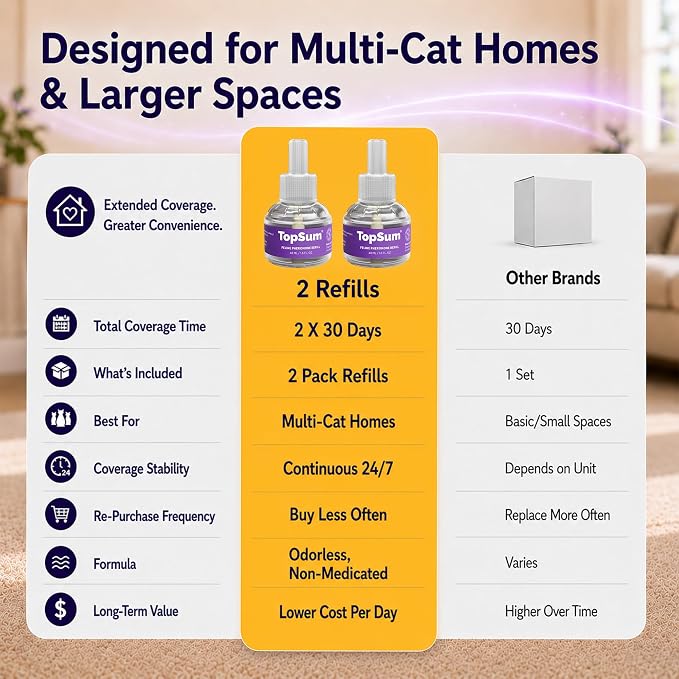 TopSum Cat Calming Pheromone Diffuser: Feline Pheromones Plug in for Stress, Alone At Home, Spraying, Fighting, Scratching, Aggression & Excessive Meowing (Purple– 2 Refills)