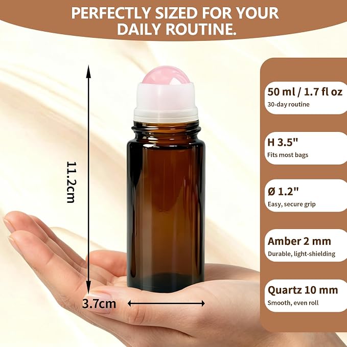 50ml Amber Glass Roll-On Bottles For Castor Oil Brows & Lashes/DIY Perfume/Face Serum/Massage Oil, Essential Oils - Rose Quartz Crystal Ball, Refillable Leak-Proof Rollerball