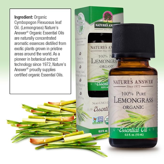 Nature’s Answer USDA Organic Lemongrass Essential Oil, 100% Pure | Natural Aromatherapy Oil for Diffuser/Humidifier, Steam Distilled 0.5 fl oz. (15ml) | Made in USA