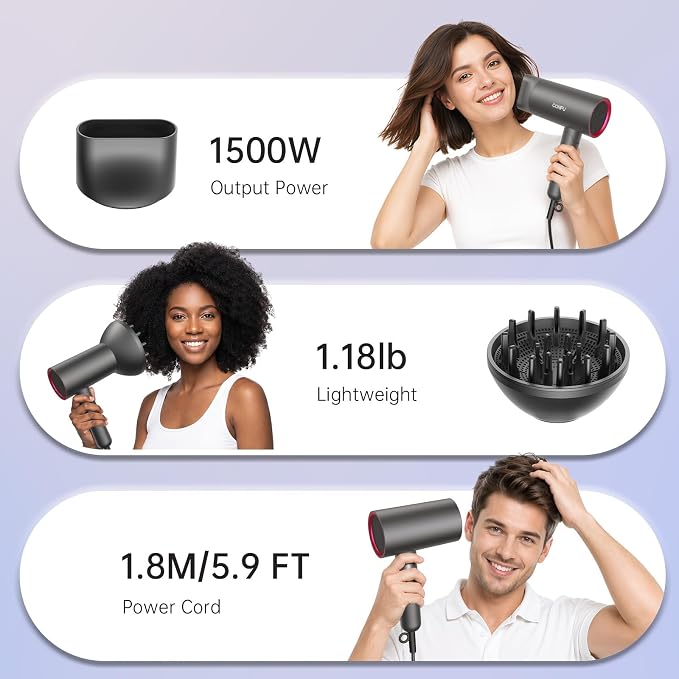 CONFU Diffuser Hair Dryer for Curly Hair,1500W Fast Drying Blow Dryer with Diffuser for Women,Compact & Portable Negative Ion Hairdryer,Mini and Foldable Blowdryer Design for Travel(Gray)